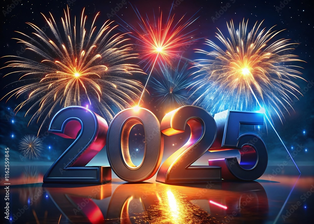 Fototapete happy new year with numbers 2025 with date on fireworks background and design template.
