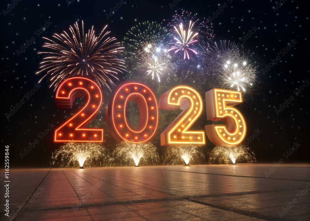 Fototapete happy new year with numbers 2025 with date on fireworks background and design template.