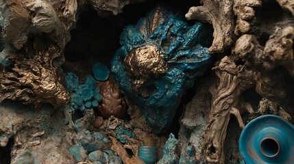 Abstract Gold and Teal Rock Formation Art