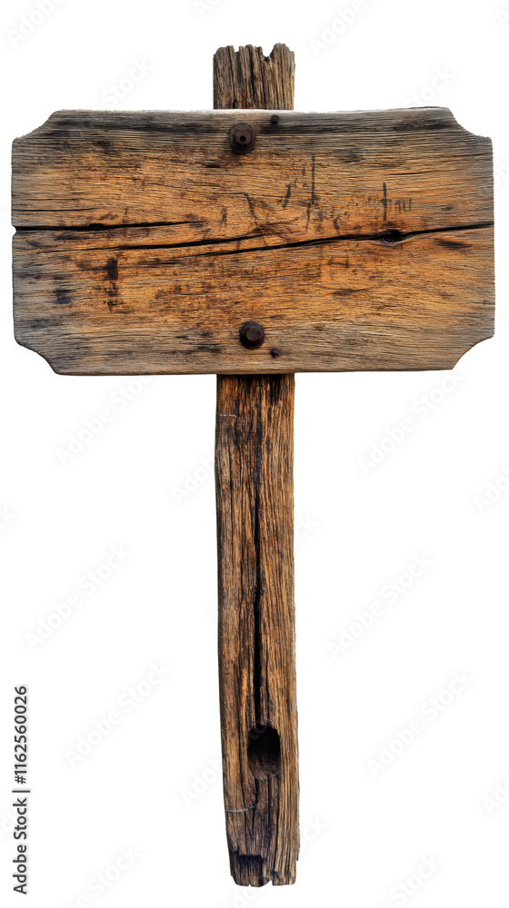 Poster weathered wooden board featuring rusty nails, waiting for personalized messaging against transparent