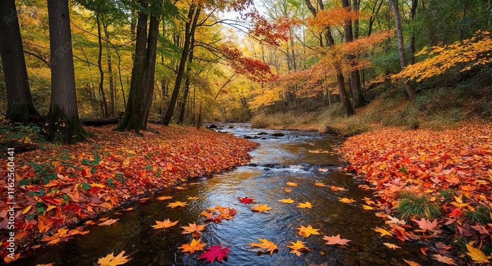 Poster autumn forest with leaves floating in a stream painting a picture of fall
