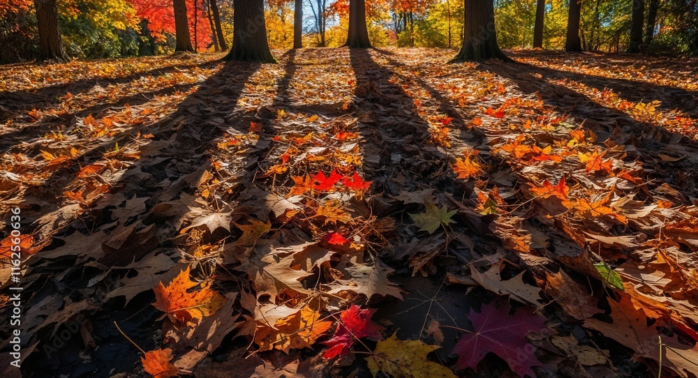 Poster autumn sun casting shadows on leaflittered ground creating a tapestry of light and color