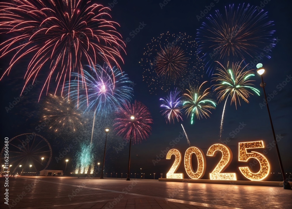 Fototapete Happy New year with numbers 2025 with date on fireworks background and design template.