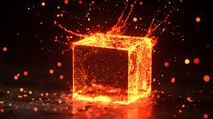 
AI-inspired cube disintegration into neon particles background