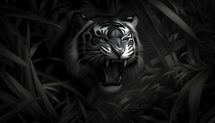 Monochromatic image of a snarling tiger hidden within dark foliage, creating a dramatic and powerful scene.