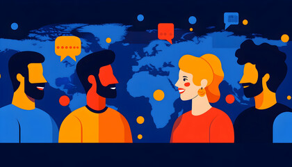 Diverse group of people conversing against a world map backdrop, symbolizing global communication and connection.