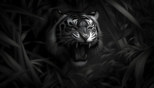 Monochromatic image of a snarling tiger hidden within dark foliage, creating a dramatic and powerful scene.