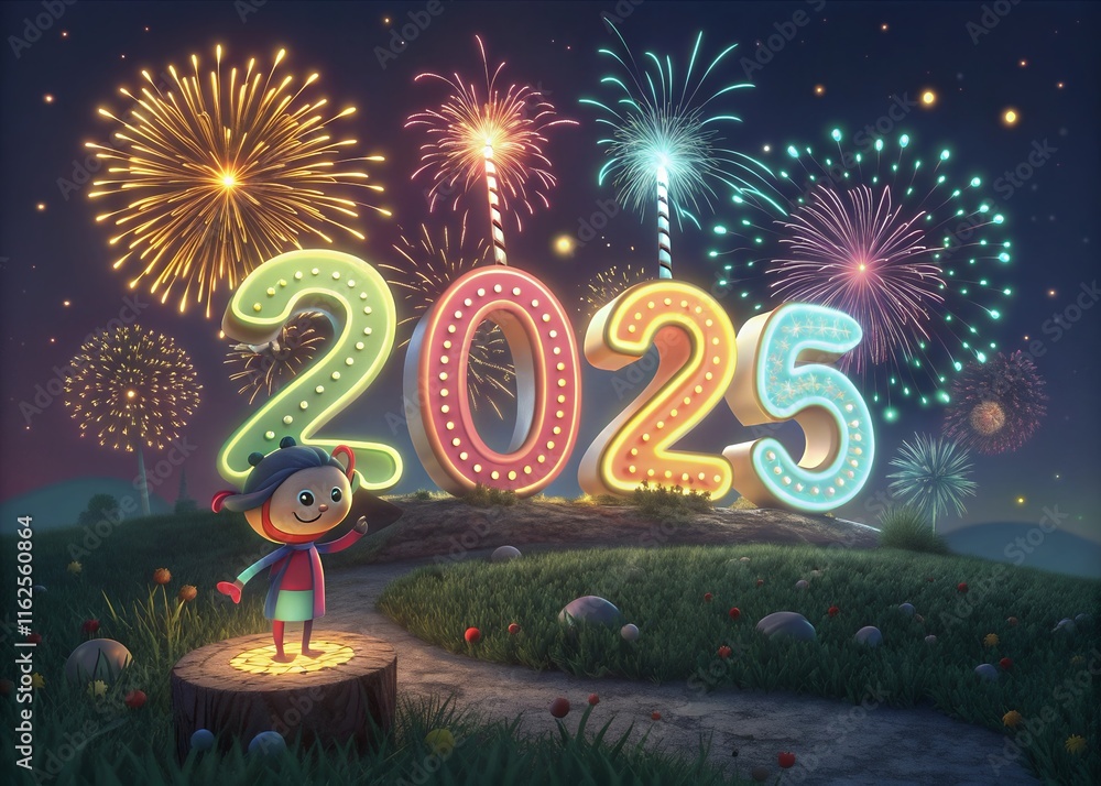 Fototapete happy new year with numbers 2025 with date on fireworks background and design template.