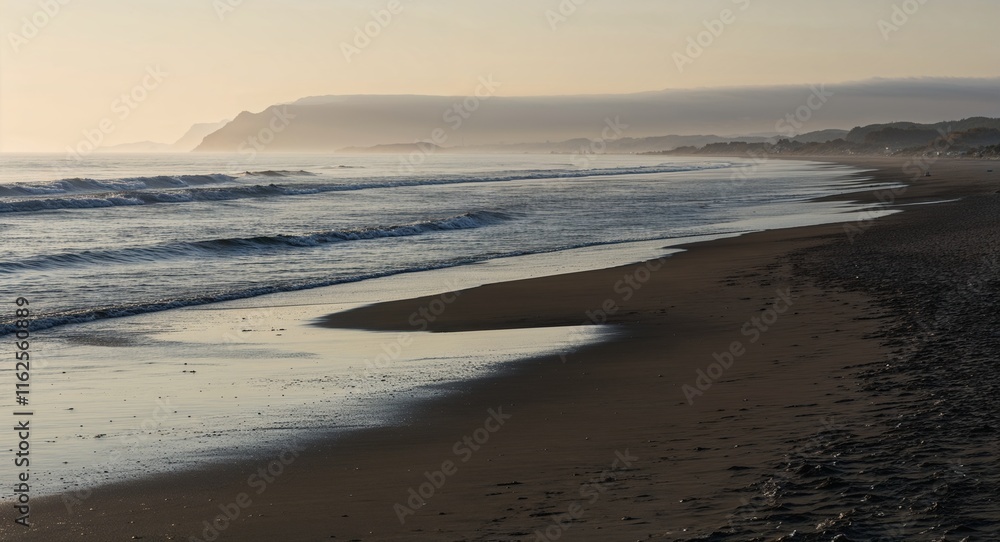 Poster beach with soft morning light and incoming tide creating a serene picture