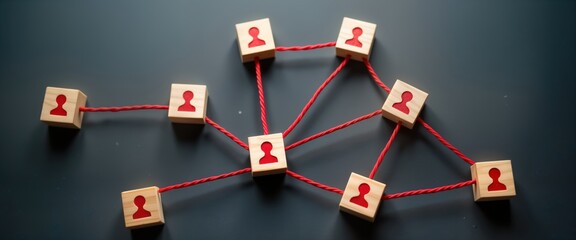 Wooden blocks with red person icons connected by red strings. Network structure, teamwork concept. Photo highlights collaboration, business connections on dark background. Business people icons