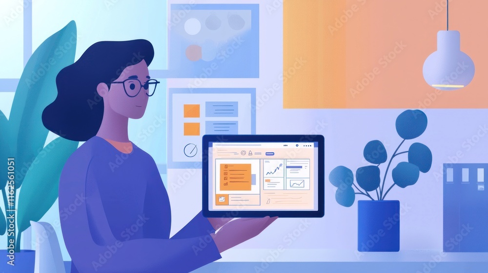 Poster woman reviewing data on a digital dashboard display