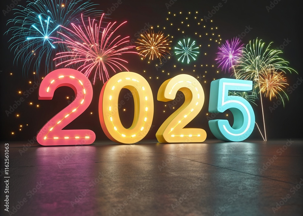 Fototapete happy new year with numbers 2025 with date on fireworks background and design template.