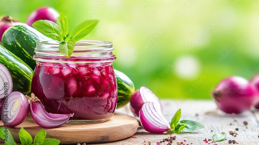 Poster vibrant pickled onion with fresh cucumbers and herbs on a rustic wooden table