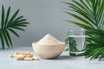 Natural Health Supplement Powder Capsules and Water