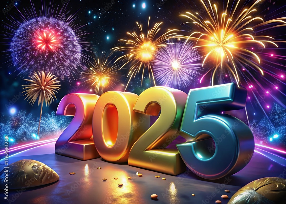 Fototapete happy new year with numbers 2025 with date on fireworks background and design template.