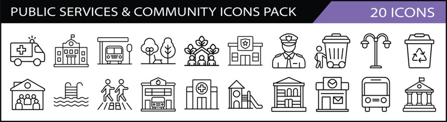 Public Services and Community Icons Set - A set of 20 icons representing public services and community themes, including police, healthcare, schools, parks, and recycling.