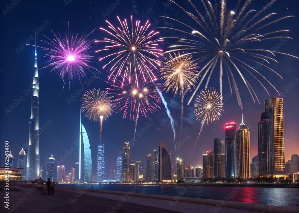 Fototapete happy new year with numbers 2025 with date on fireworks background and design template.