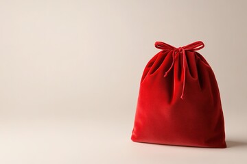 small red velvet gift bag with drawstring placed on white background with soft diffused lighting