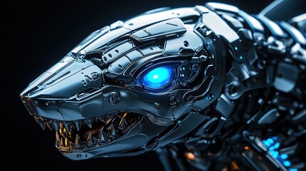 Futuristic, mechanical shark robot head, close-up, metallic, detailed,