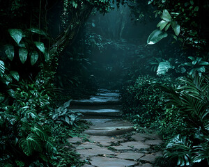 Mysterious stone steps wind through a lush, dark, and verdant rainforest.  Perfect for adventure, fantasy, or mystery themes.