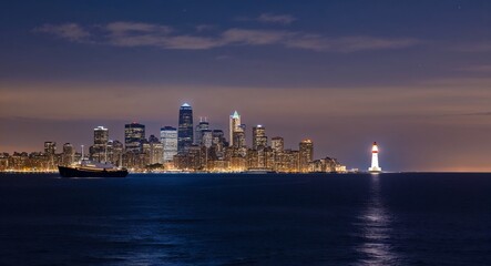Fototapeta premium City skyline with a distant lighthouse guiding ships in the night
