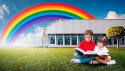 Fototapeta premium Kids modern school building Children Reading Book At Garden and rainbow with sky background