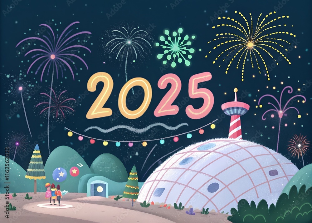 Fototapete happy new year with numbers 2025 with date on fireworks background and design template.