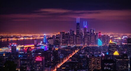 Fototapeta premium City skyline with neon signs adding vibrant colors to the nocturnal landscape