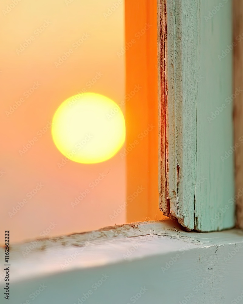 Poster Capturing the Vibrant Glow of Sunset Through a Weathered Window Frame at Twilight