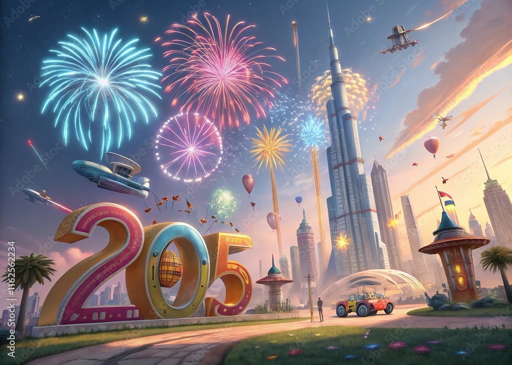 Fototapete Happy New year with numbers 2025 with date on fireworks background and design template.