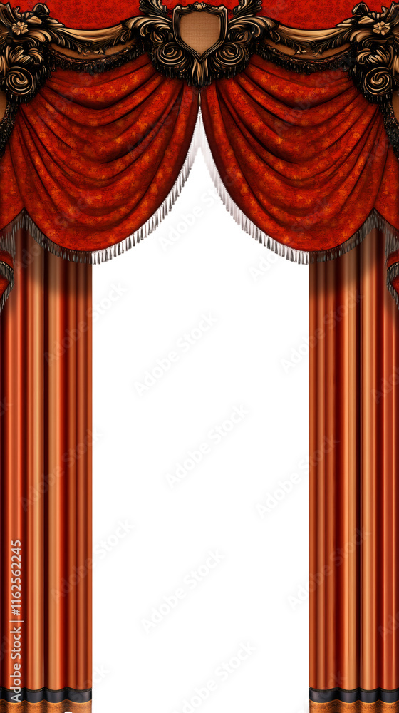 Poster red theater curtains with golden decorations opening on a transparent background, creating a majesti