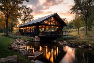 A rustic covered bridge in Madison County surrounded by lush trees and a gentle stream