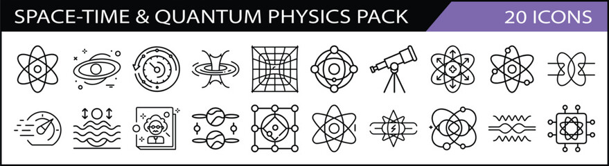 Space-Time and Quantum Physics Icon Set - Vector line icons representing quantum physics, space-time concepts, atoms, telescopes, and scientific theories in a modern style. © Waliul