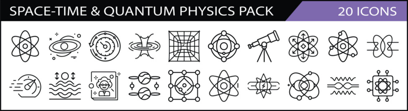 Space-Time and Quantum Physics Icon Set - Vector line icons representing quantum physics, space-time concepts, atoms, telescopes, and scientific theories in a modern style.