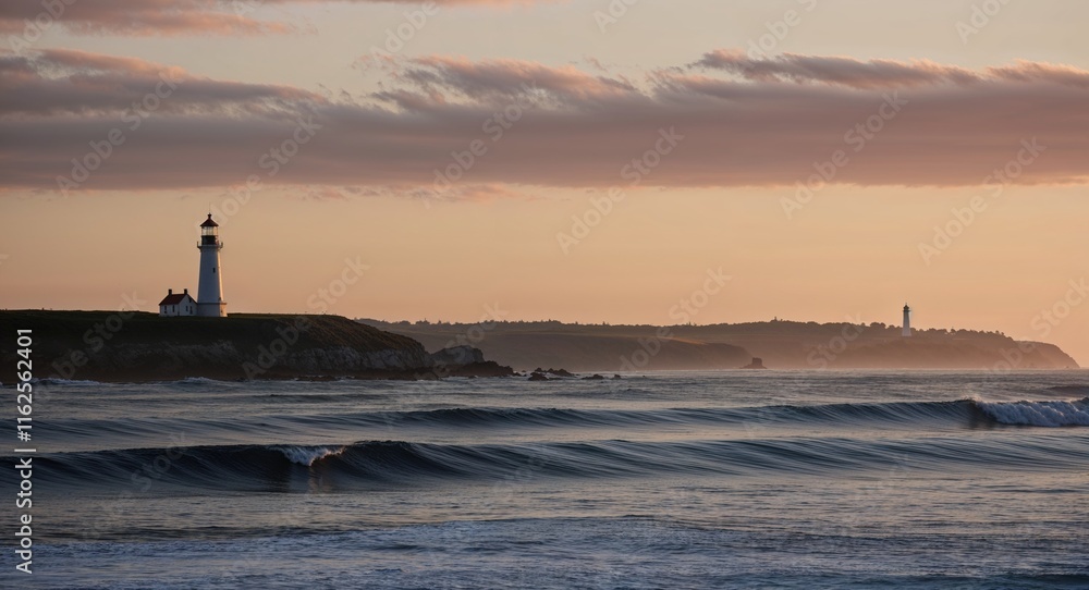 Aufkleber coastal dawn with a distant lighthouse standing guard over the soft waves