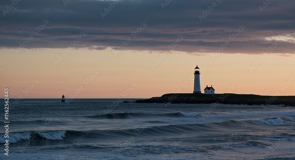 Poster coastal dawn with a distant lighthouse standing guard over the soft waves