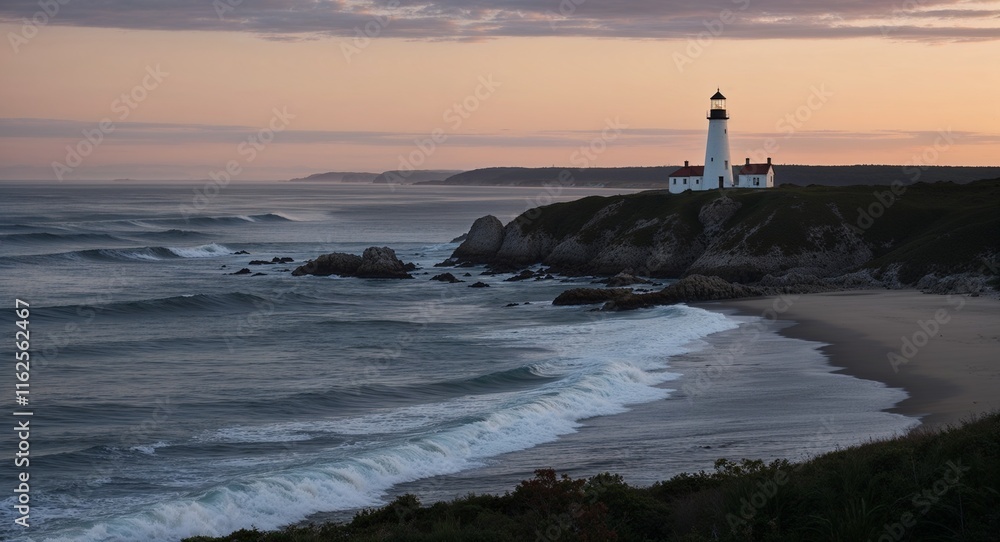 Poster coastal dawn with a distant lighthouse standing guard over the soft waves