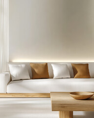 Modern living room with minimalist design and neutral tones featuring cozy cushions