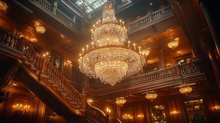 Obraz premium Grand Staircase and Crystal Chandelier in a Luxurious Wooden Mansion