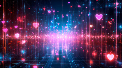 Fototapeta premium Digital computer background with hearts, holographic effect