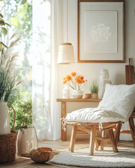 Cozy indoor space with natural light plants and rustic decor featuring a wooden chair
