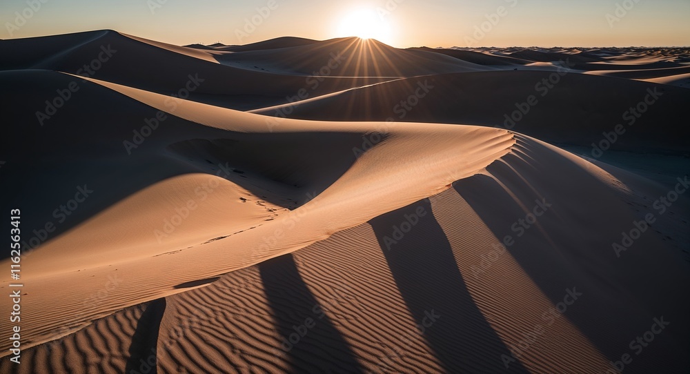 Poster dune shadows creating patterns in the desert under the midday sun