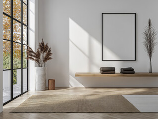 Modern minimalist interior with natural light and earthy decor in cozy living space