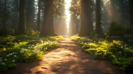 Serene sunlit path through a lush, mystical forest.  Golden hour light illuminates wildflowers and ancient trees.