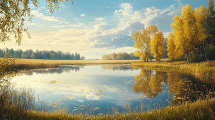 Fototapeta premium Serene Autumn Lake Reflections Golden Trees