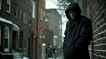 Fototapeta premium Suspicious black man, a drug dealer, lurking on a street corner, waiting for a client