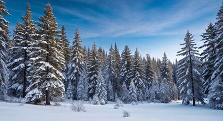 Fototapeta premium Forest of pine trees under a blanket of snow creating a winter wonderland