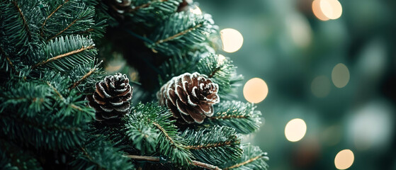 Christmas eco natural background with fir branches, cones. Magical holidays mockup.Minimal banner for seasonal celebrations. Generative ai	