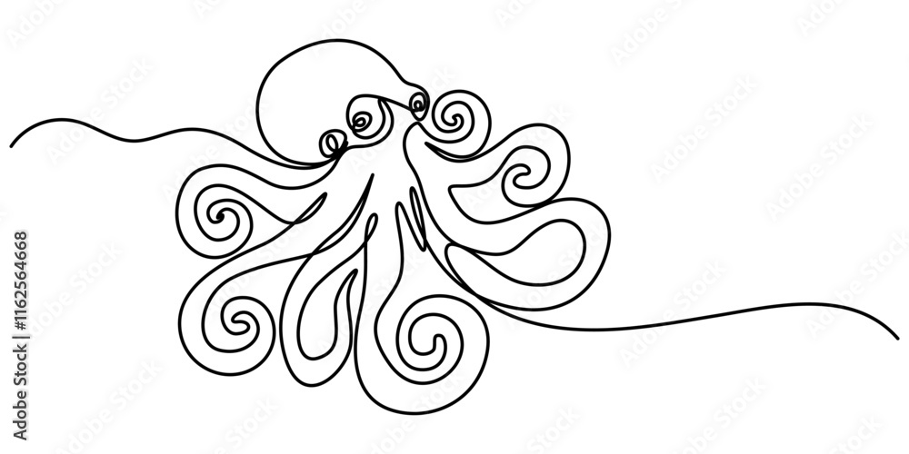 Poster octopus continuous line art drawing style. minimalist black octopus seafood outline. editable active