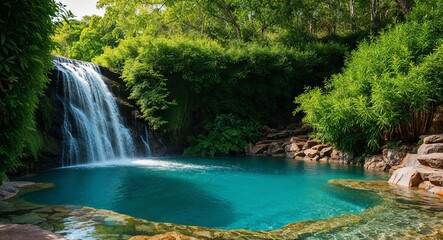 Naklejka premium Lush green foliage surrounding a waterfall that plunges into a crystalclear pool
